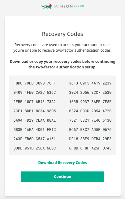 Jatheon Cloud recovery codes screen with the Download Recovery Codes link