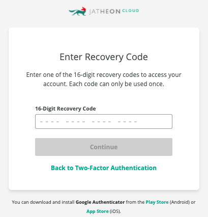 Jatheon Cloud recovery code window with the field for entering a 16-digit recovery code