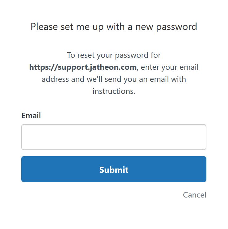 Jatheon Support Center Forgot my password form for resetting your password