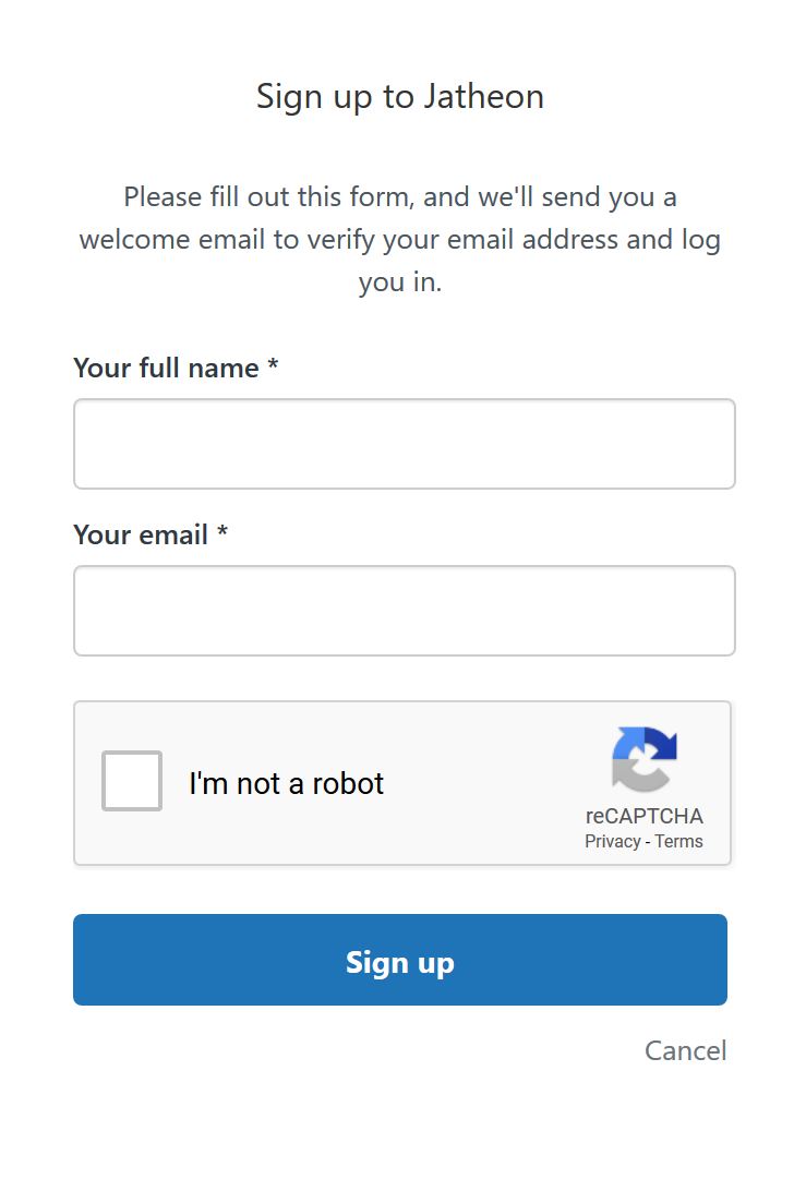 Jatheon Support Center sign-up pop-up shown after clicking Sign up