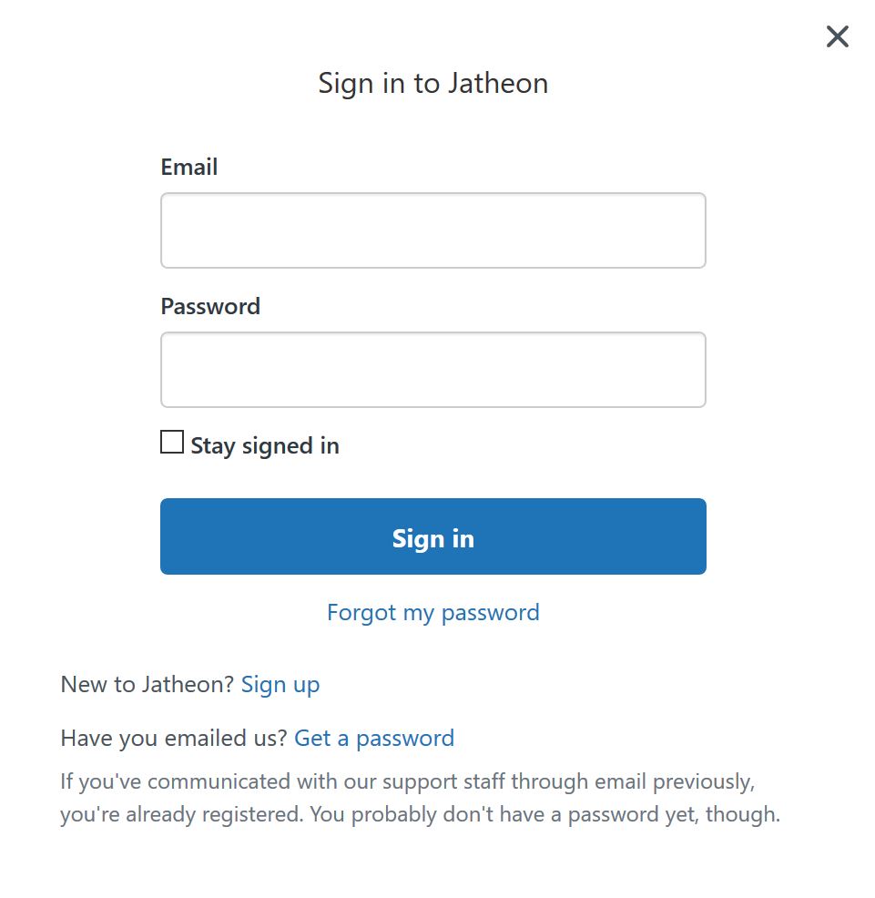 Jatheon Support Center Sign-in pop-up window for existing users to log in with email and password