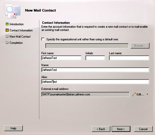Setting the external email address to the Jatheon Cloud journaling email address in Exchange 2010