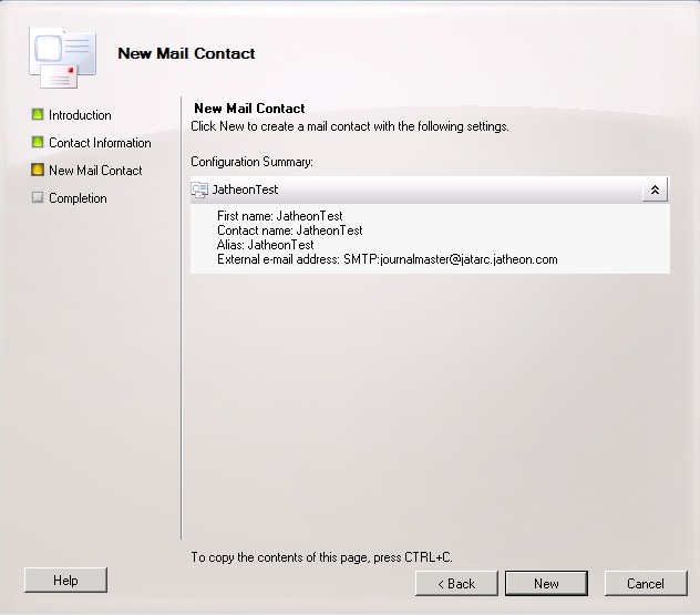 Exchange 2010 wizard completing creation of the Jatheon Cloud journaling contact