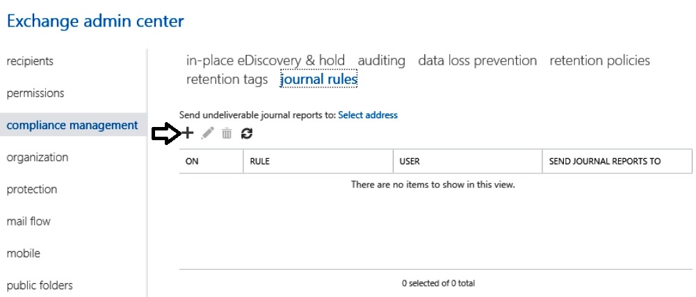Exchange Admin Center Compliance Management Journal Rules with the plus icon to add a rule for Jatheon Cloud