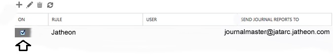 Enabled journaling rule for Jatheon Cloud in the Exchange Admin Center Journal Rules list