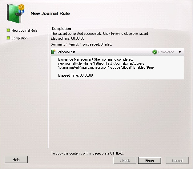 Enabled Jatheon journal rule listed on the Exchange 2010 Journaling tab for Jatheon Cloud