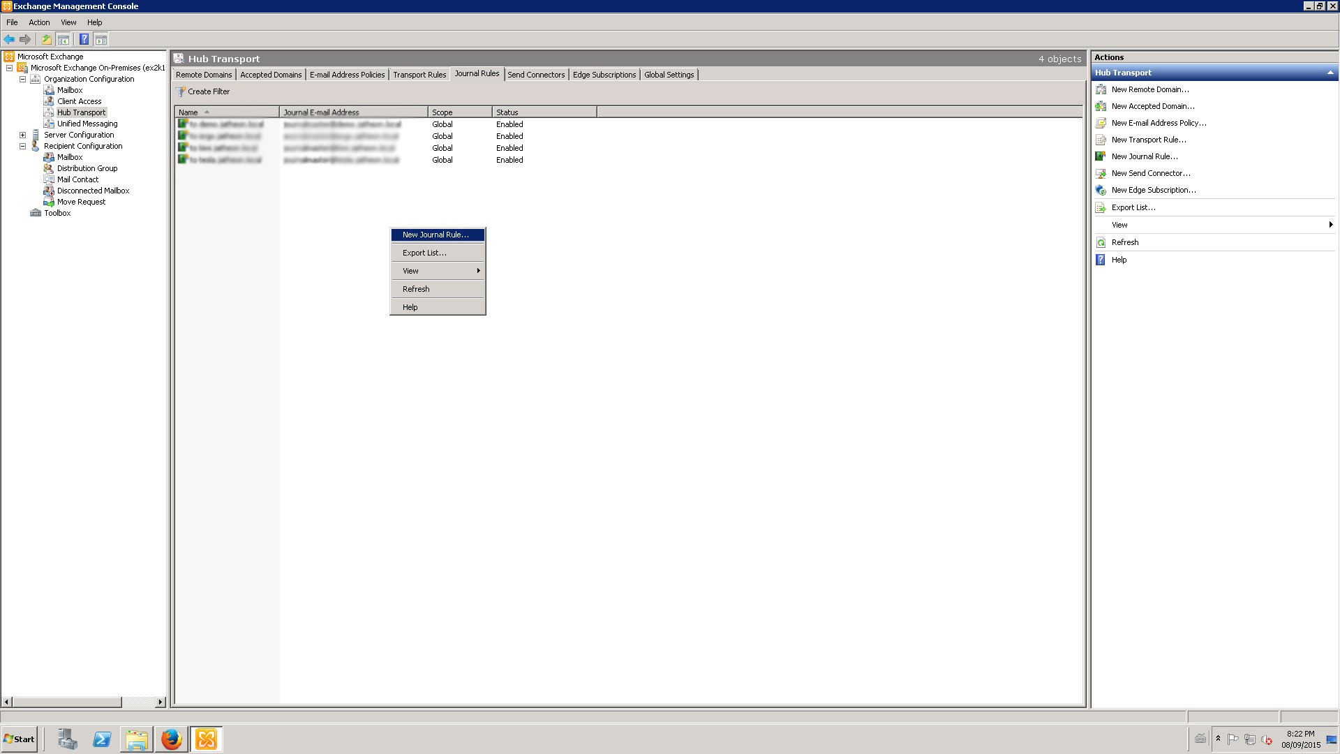 Exchange 2010 Hub Transport Journaling tab under Organization Configuration for Jatheon Cloud