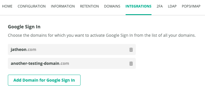 Jatheon Cloud Integrations tab with Add Domain for Google Sign In in the Google Sign In section