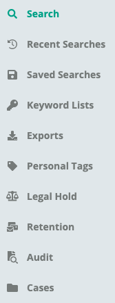 Jatheon Cloud navigation menu with the sections available to a Compliance Officer after logging in