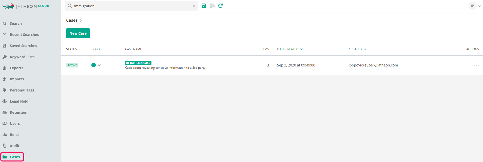 Cases section in the Jatheon Cloud main sidebar
