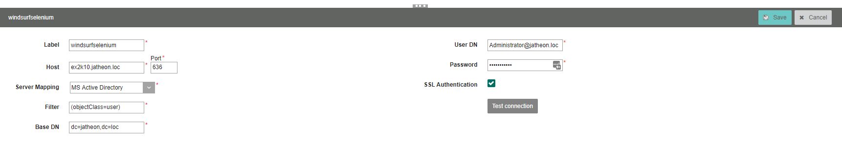 Jatheon cCore LDAP connection with port 636 and the SSL Authentication option selected