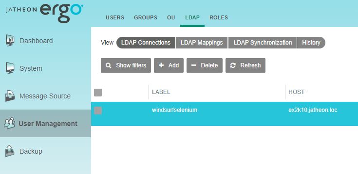LDAP tab in Jatheon cCore User Management with the list of existing LDAP connections