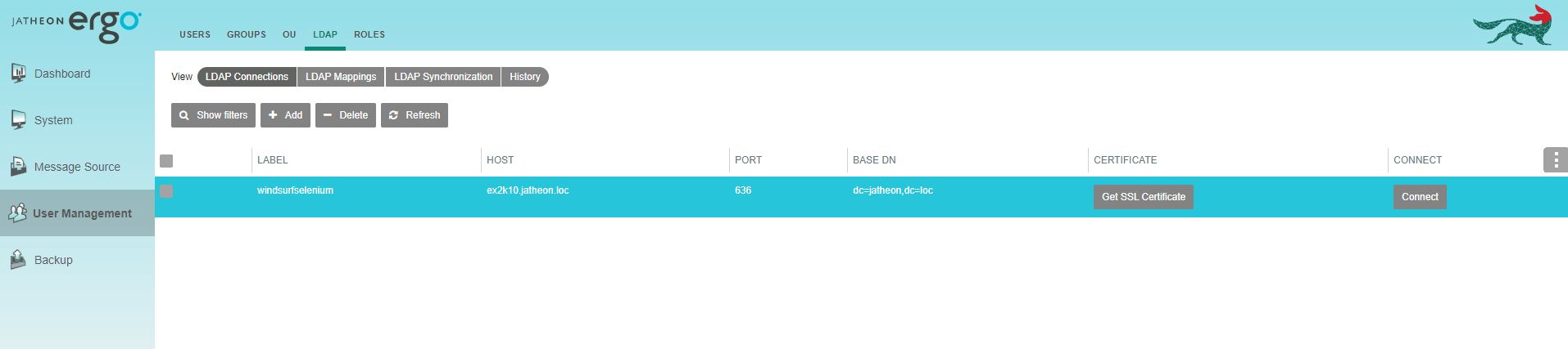 Jatheon cCore LDAP connection list with the Get SSL Certificate button enabled