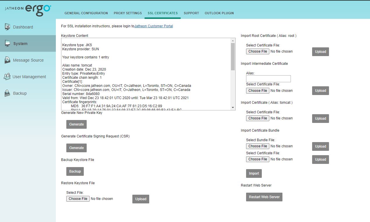 Jatheon cCore System/SSL Certificates page with the Import root certificate section