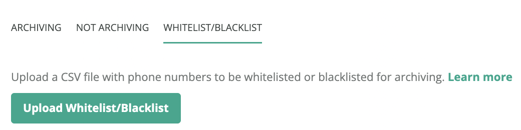 Jatheon Cloud WhatsApp/iMessage Whitelist/Blacklist sub-tab with the Upload Whitelist/Blacklist button
