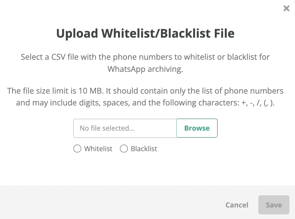 Upload dialog with file selection and the Whitelist or Blacklist radio button