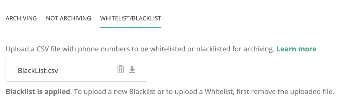 Upload Whitelist/Blacklist dialog with the Save button