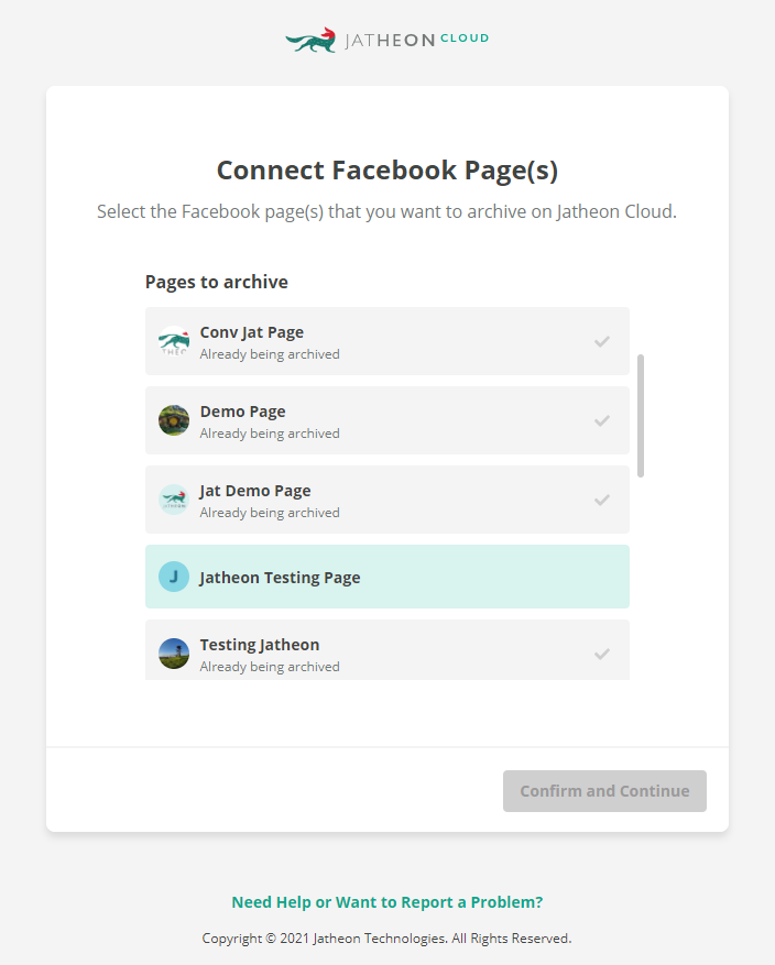 Screenshot showing the Facebook Page selection screen with multiple pages listed