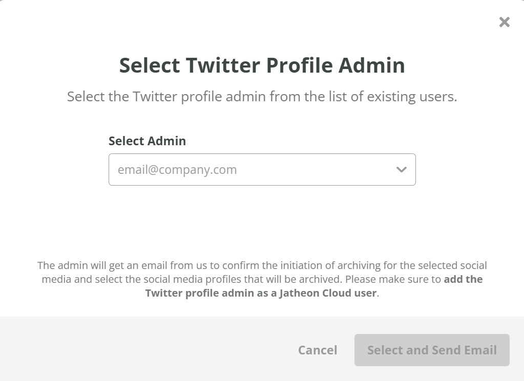 Select Twitter profile Admin in Jatheon Cloud