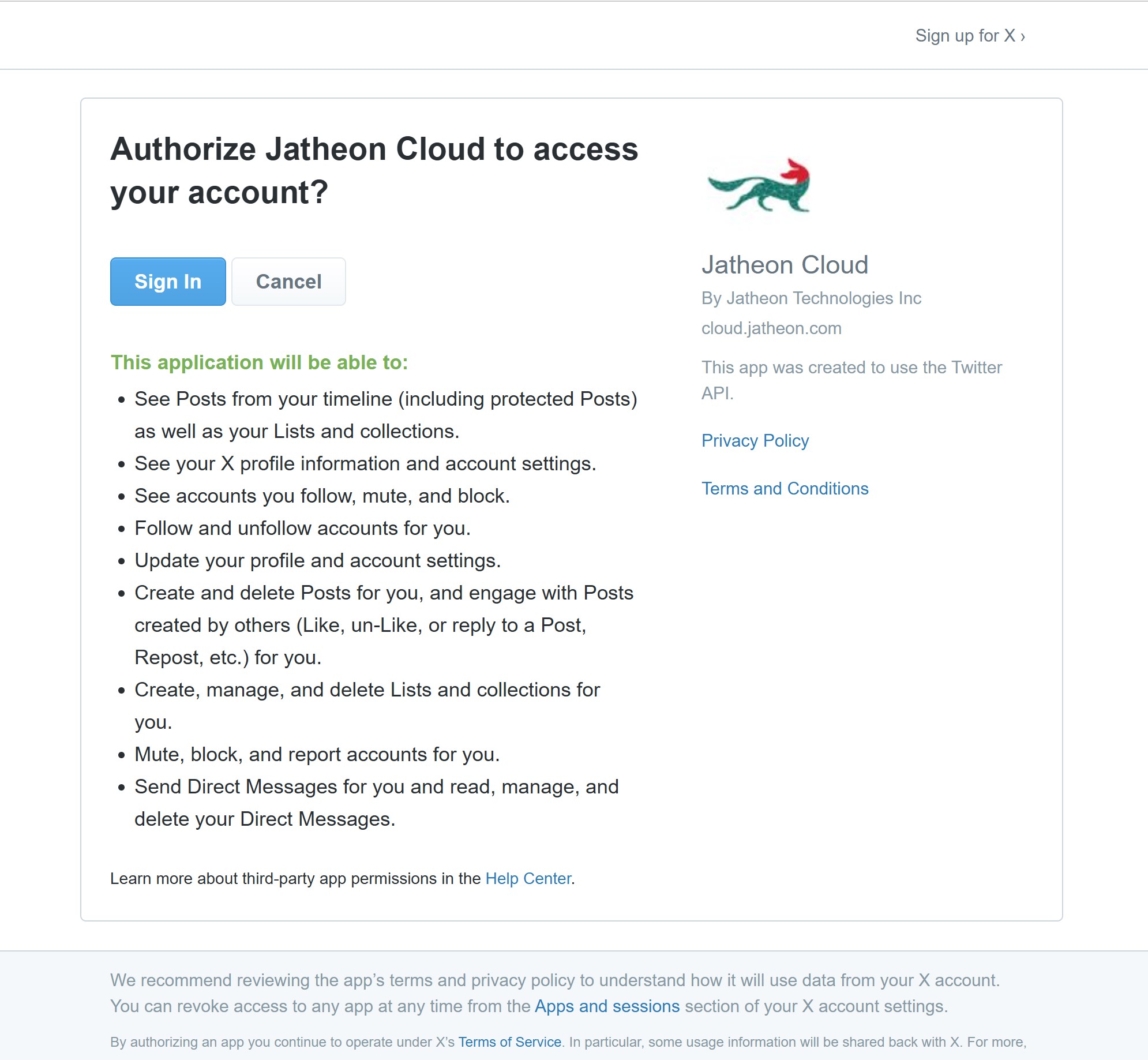 Twitter authorization screen to approve Jatheon Cloud