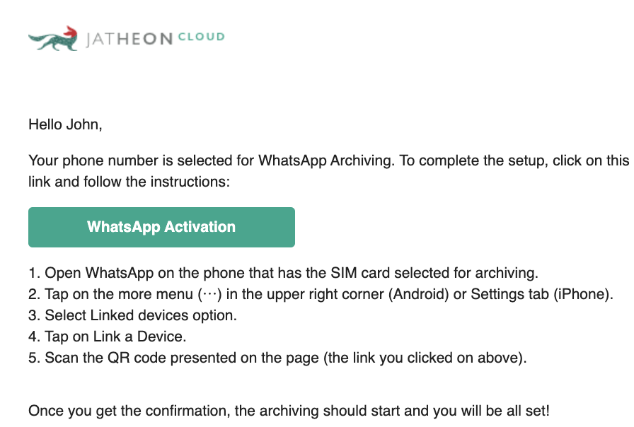 WhatsApp activation email with activation button