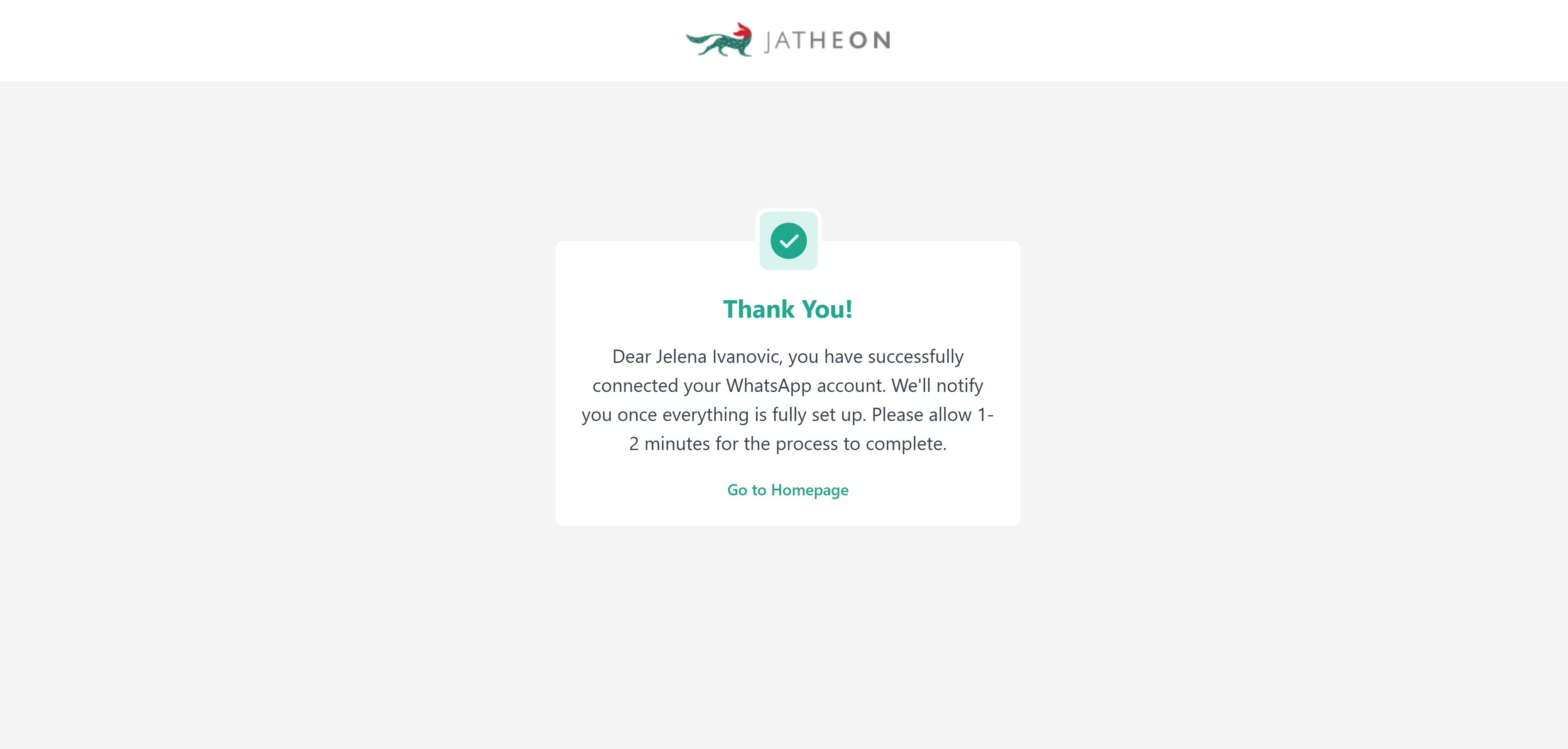 WhatsApp onboarding: Thank You screen confirming connection and asking to wait 1–2 minutes