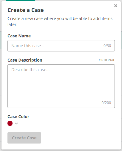 Jatheon Cloud New Case popover with Case Name, Case Description and Case Tag Color