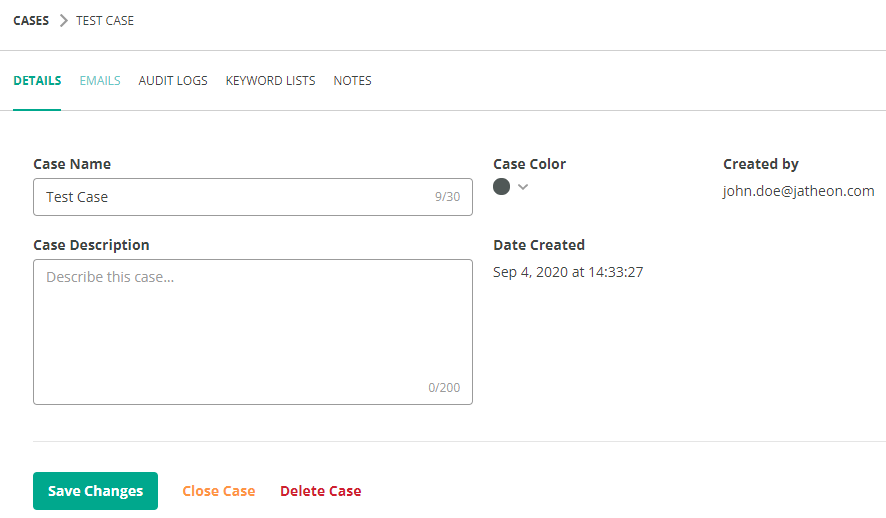 Jatheon Cloud Single Case page with Case Name, Case Description, Case Tag Color, Date Created and Created By