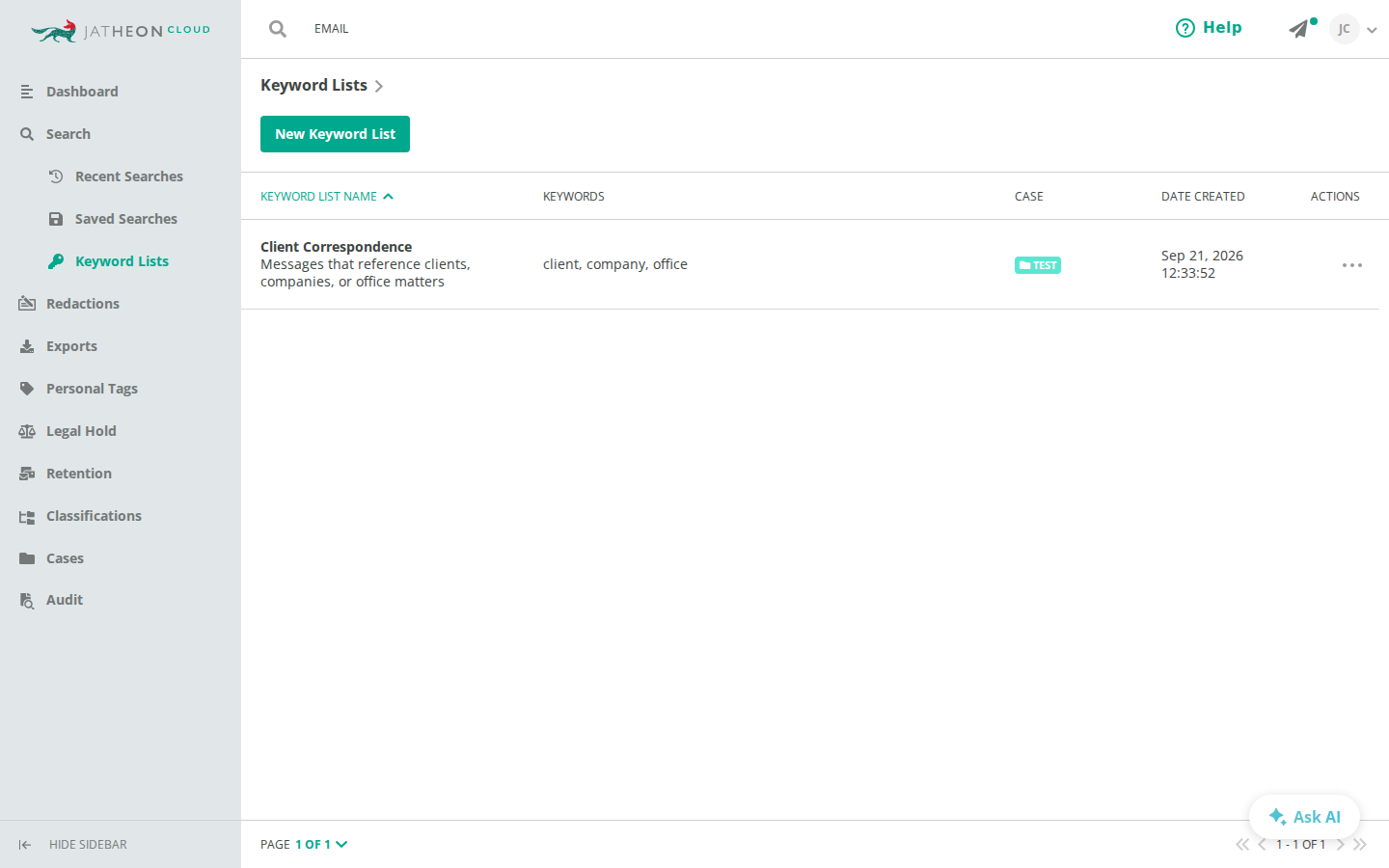 Case column in the Keyword Lists table
