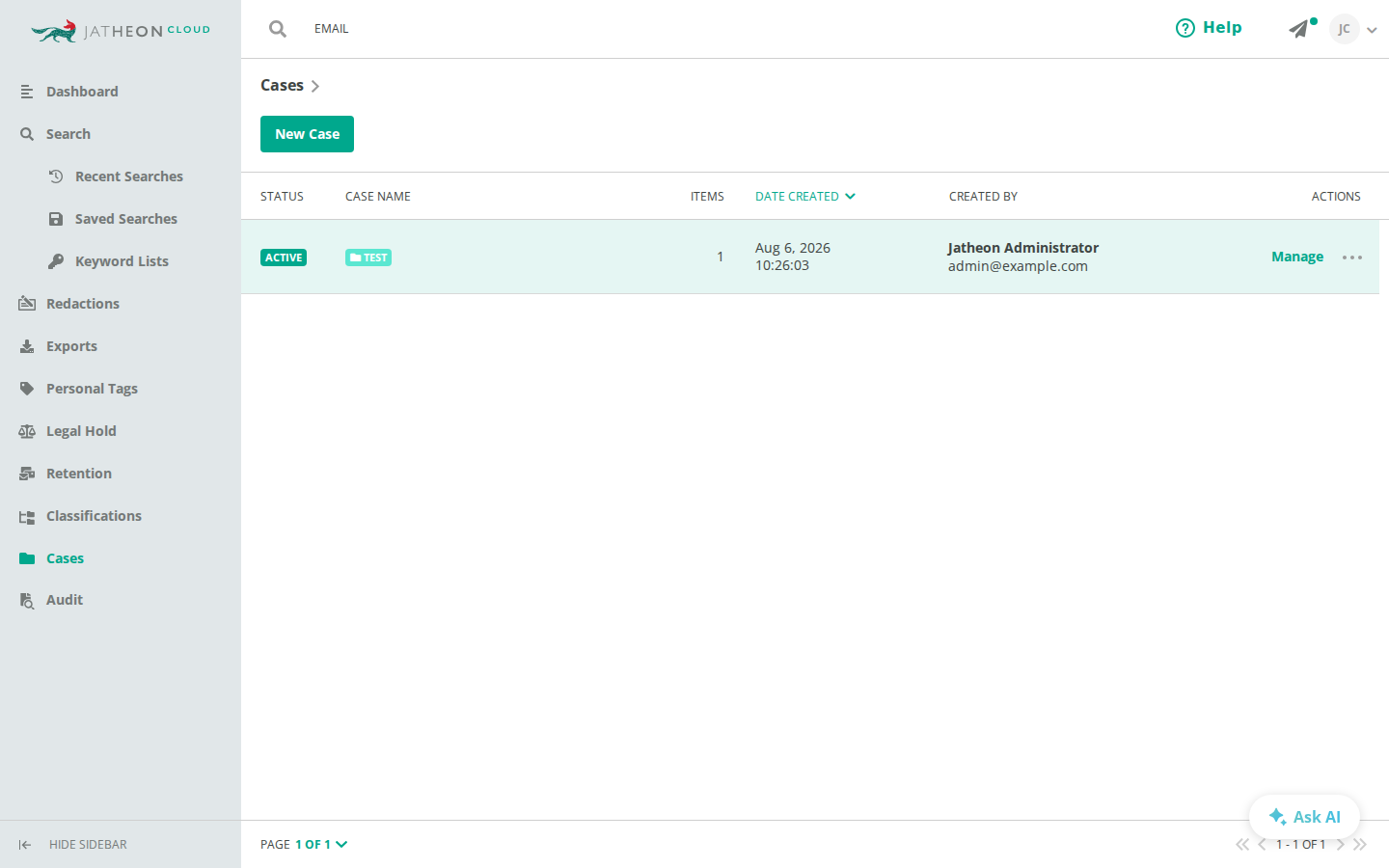 Cases list with the Manage link