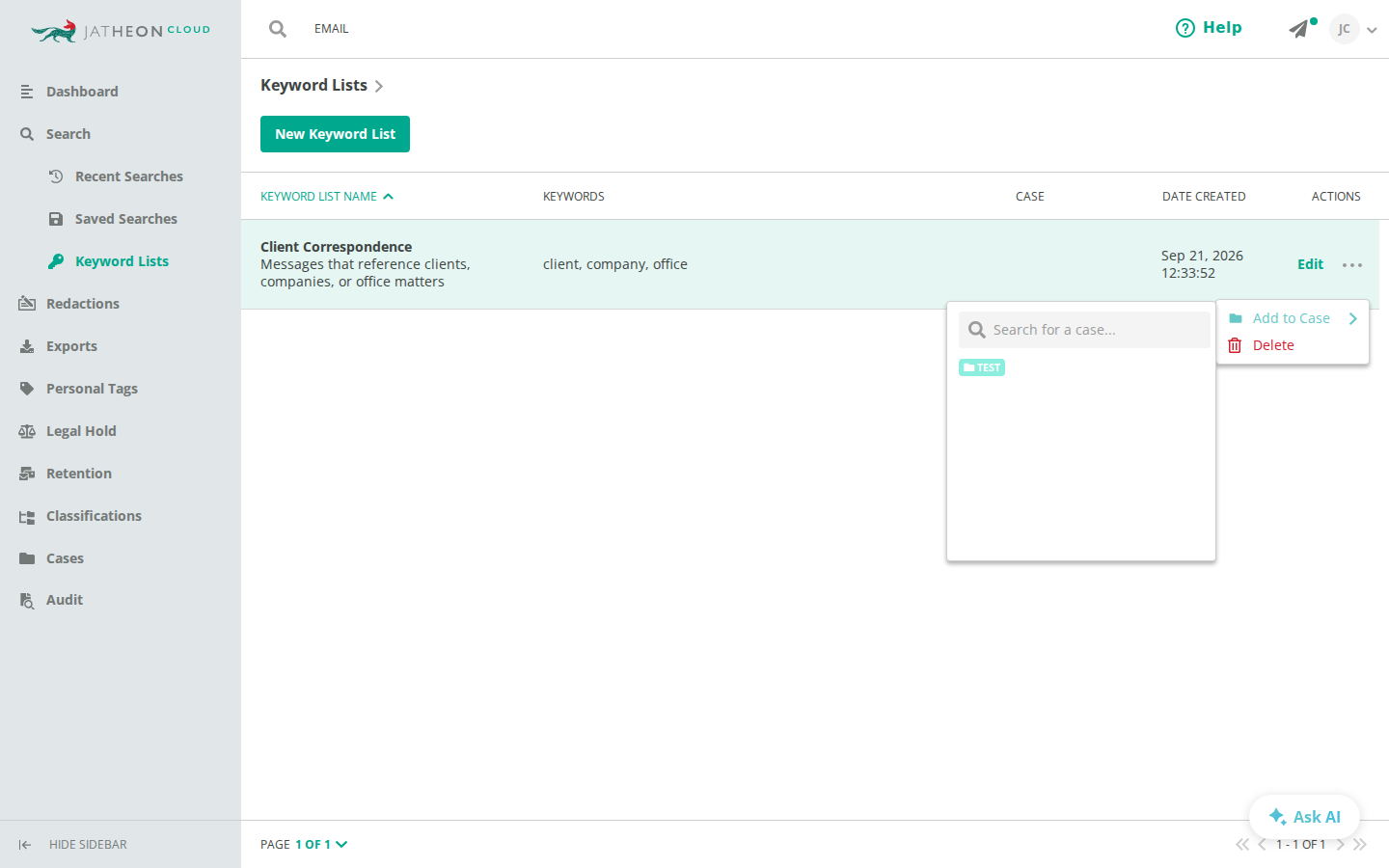 Add to Case option with the case picker