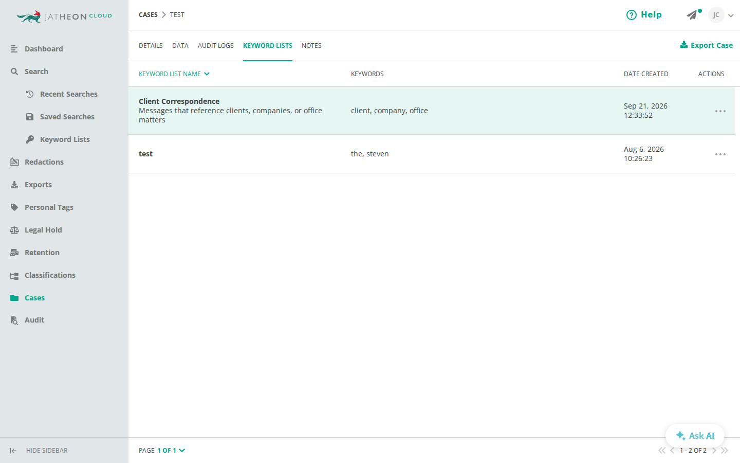 Keyword Lists tab of a case