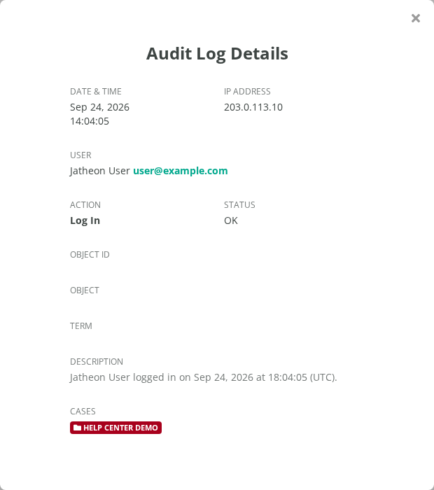 Audit Log Details with the Cases section