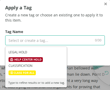 Choosing an existing Legal Hold tag in the Apply a Tag window