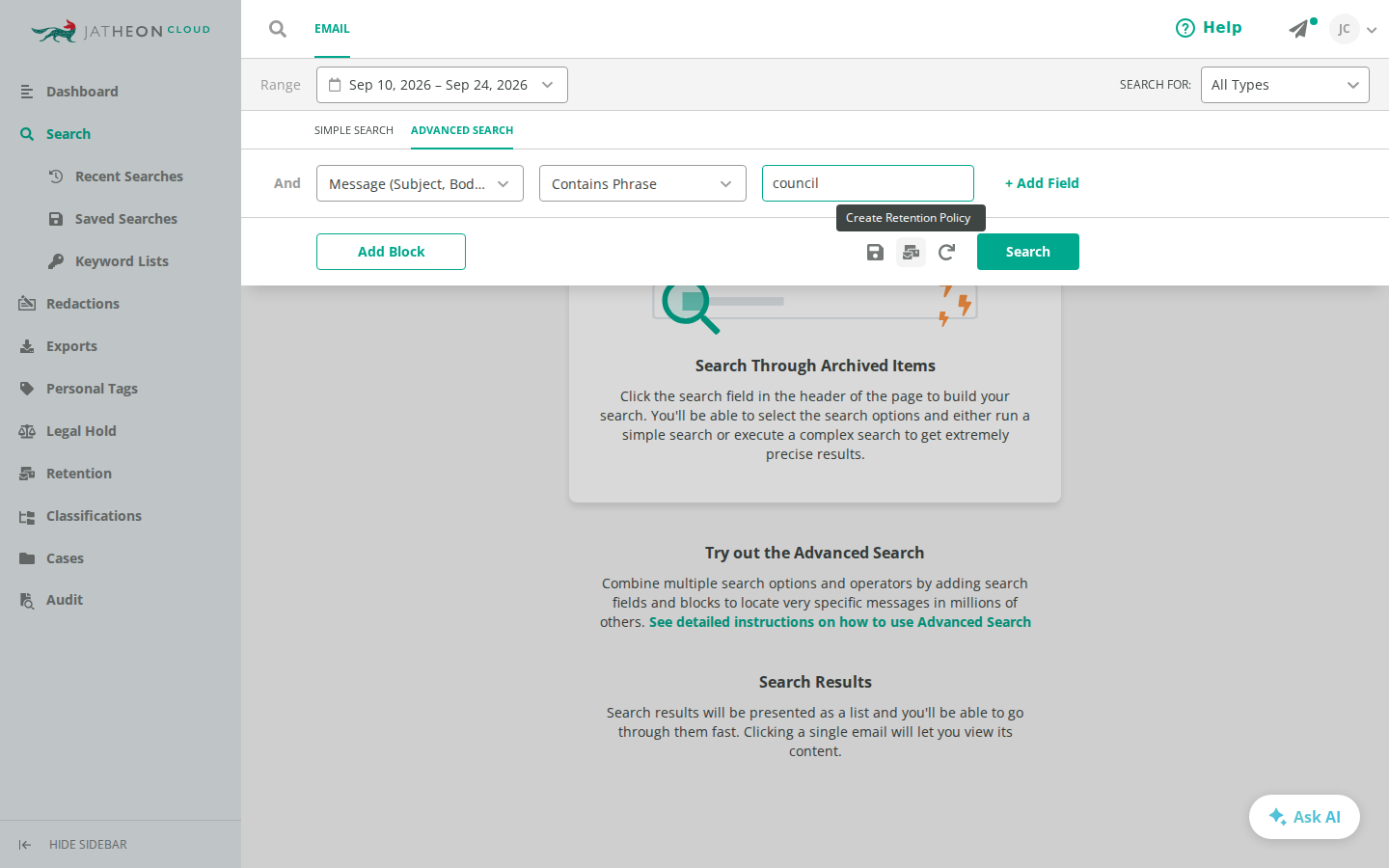 Create Retention Policy icon in Advanced Search