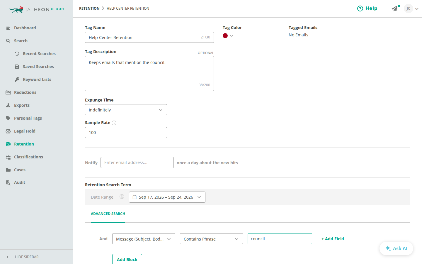 New Retention Tag form