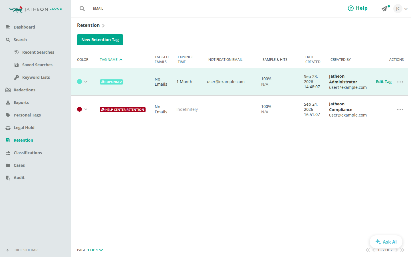 Retention tags table