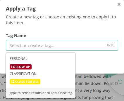 Choosing an existing Personal tag in the Apply a Tag window