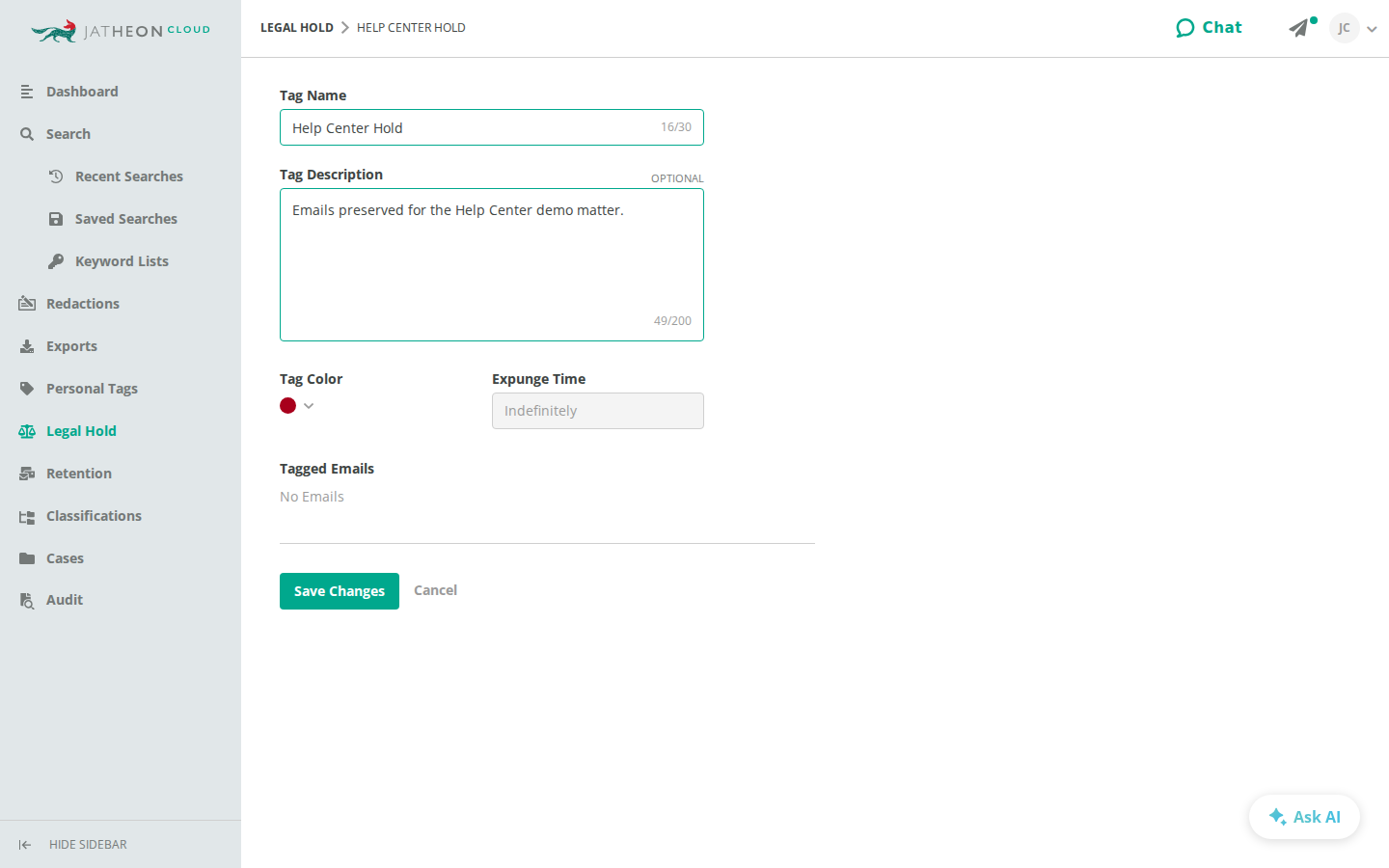 New Legal Hold Tag form