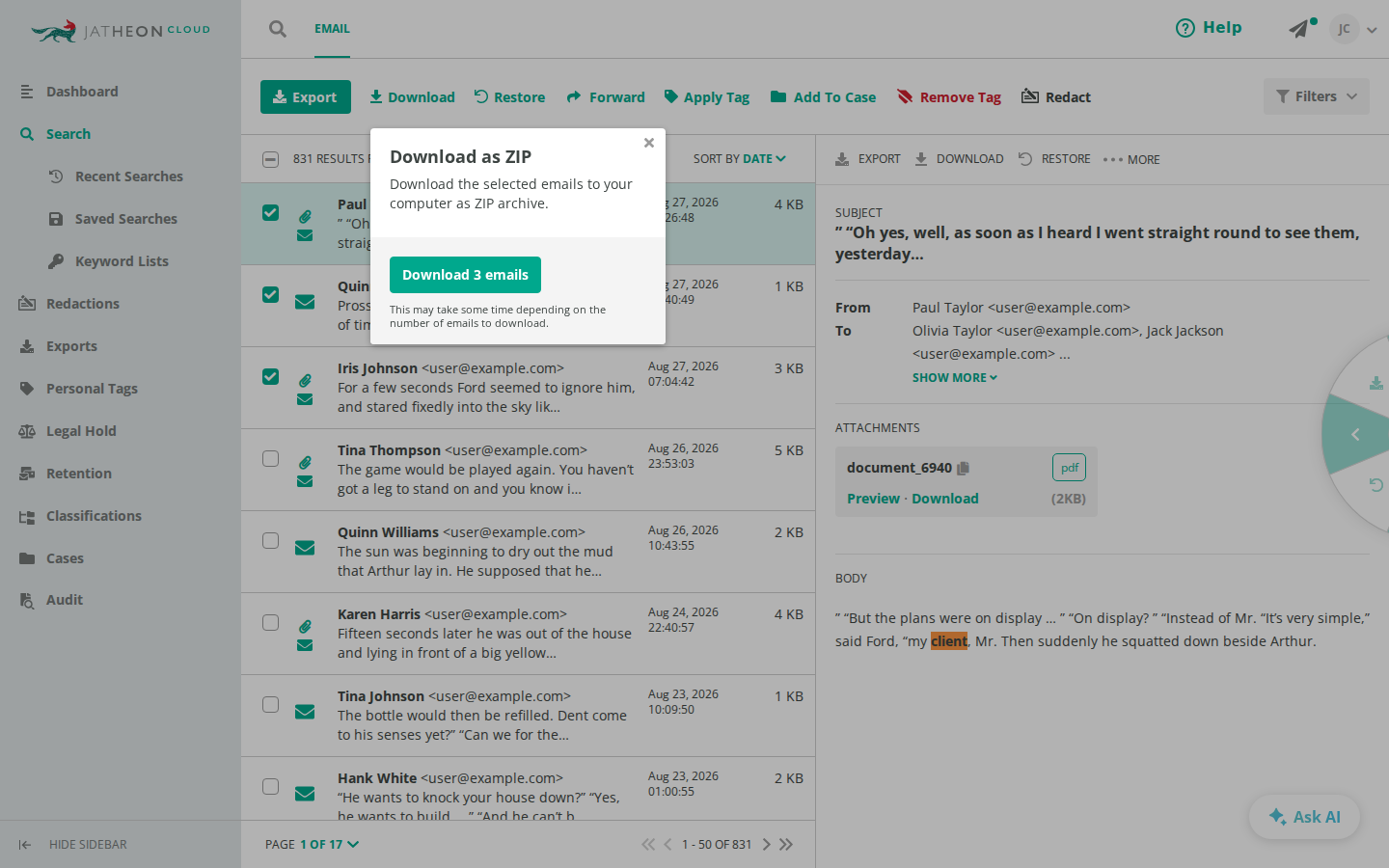 Download as ZIP for selected emails