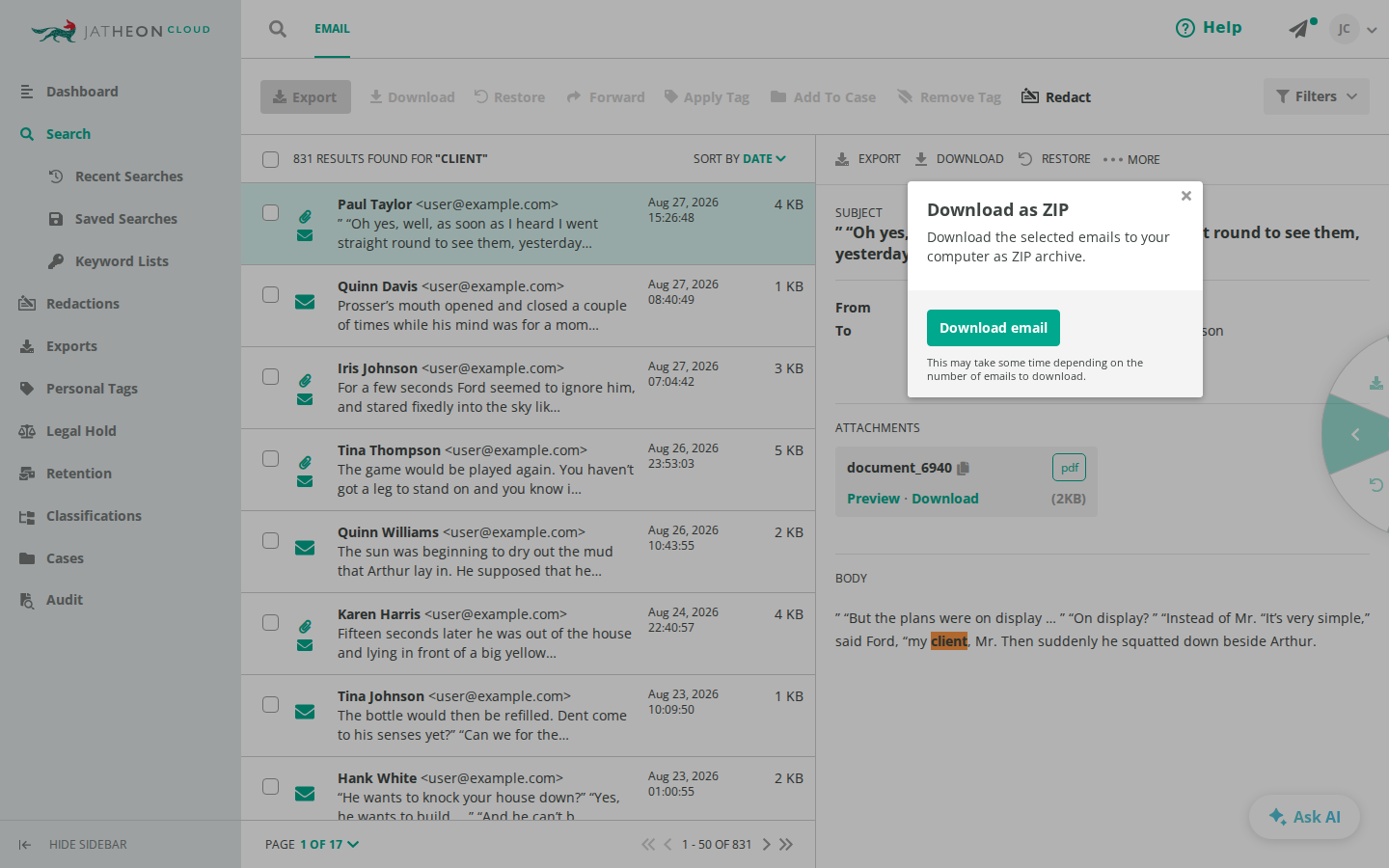 Download as ZIP for a single email