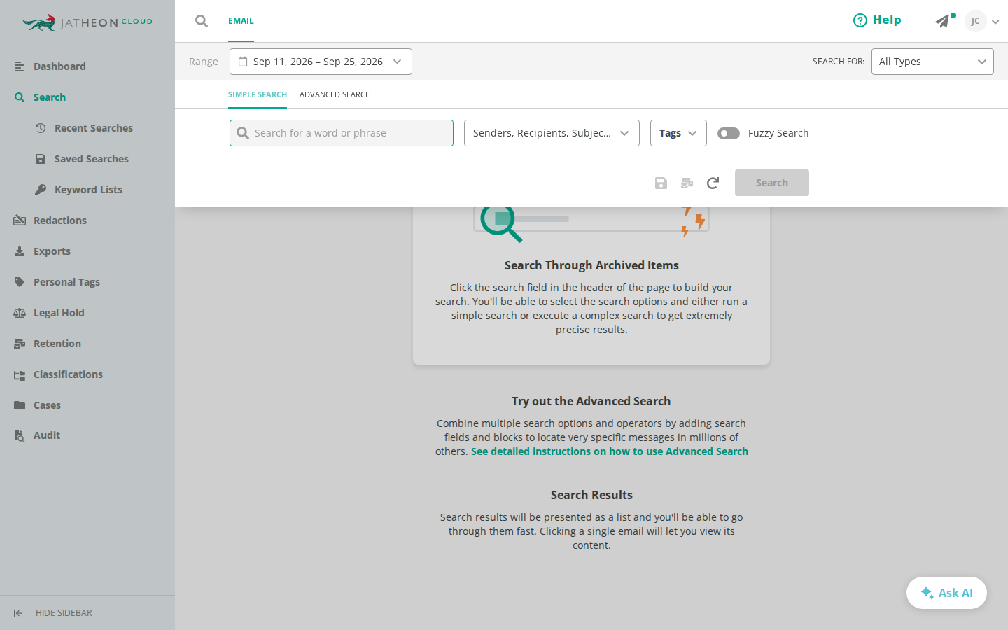 Simple Search panel