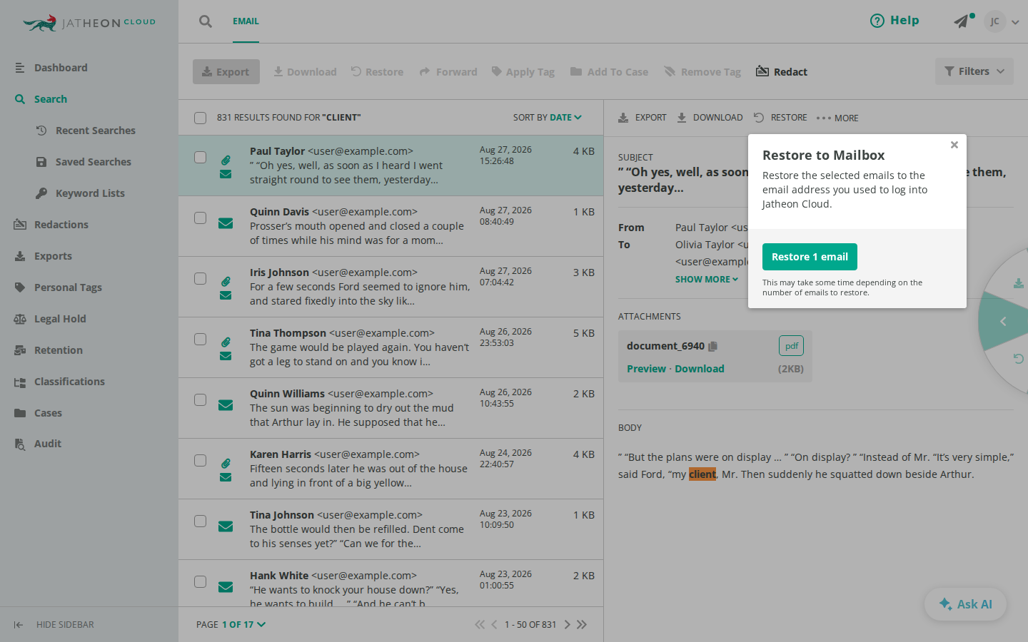 Restore to Mailbox for a single email