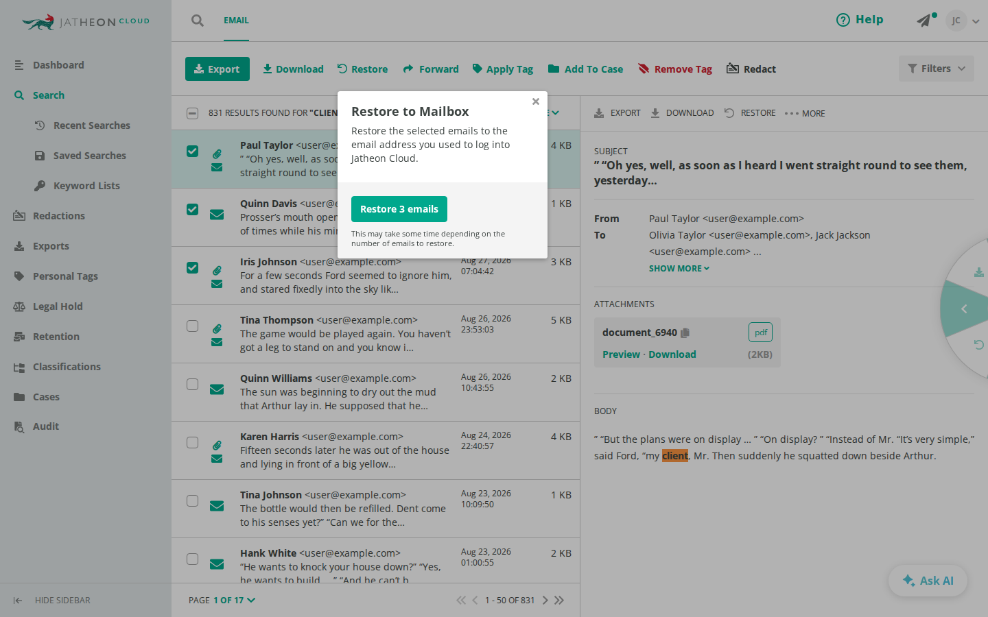 Restore to Mailbox for selected emails