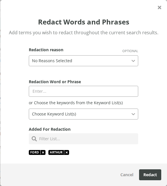 Redact Words and Phrases window