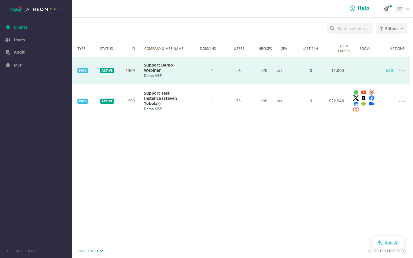 Clients section