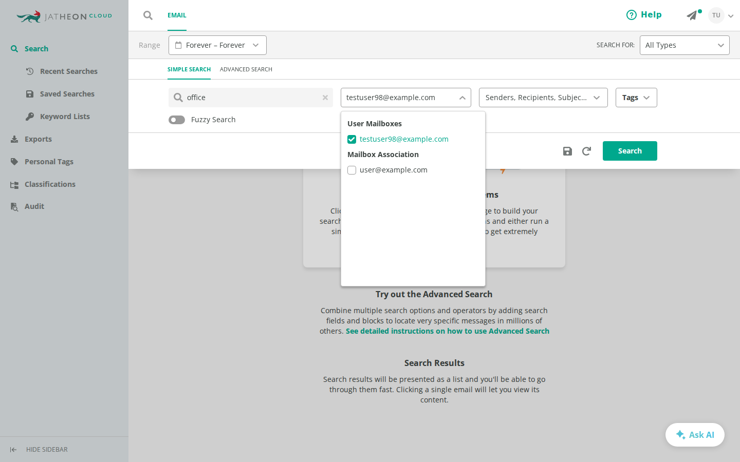 Mailboxes dropdown in Simple Search