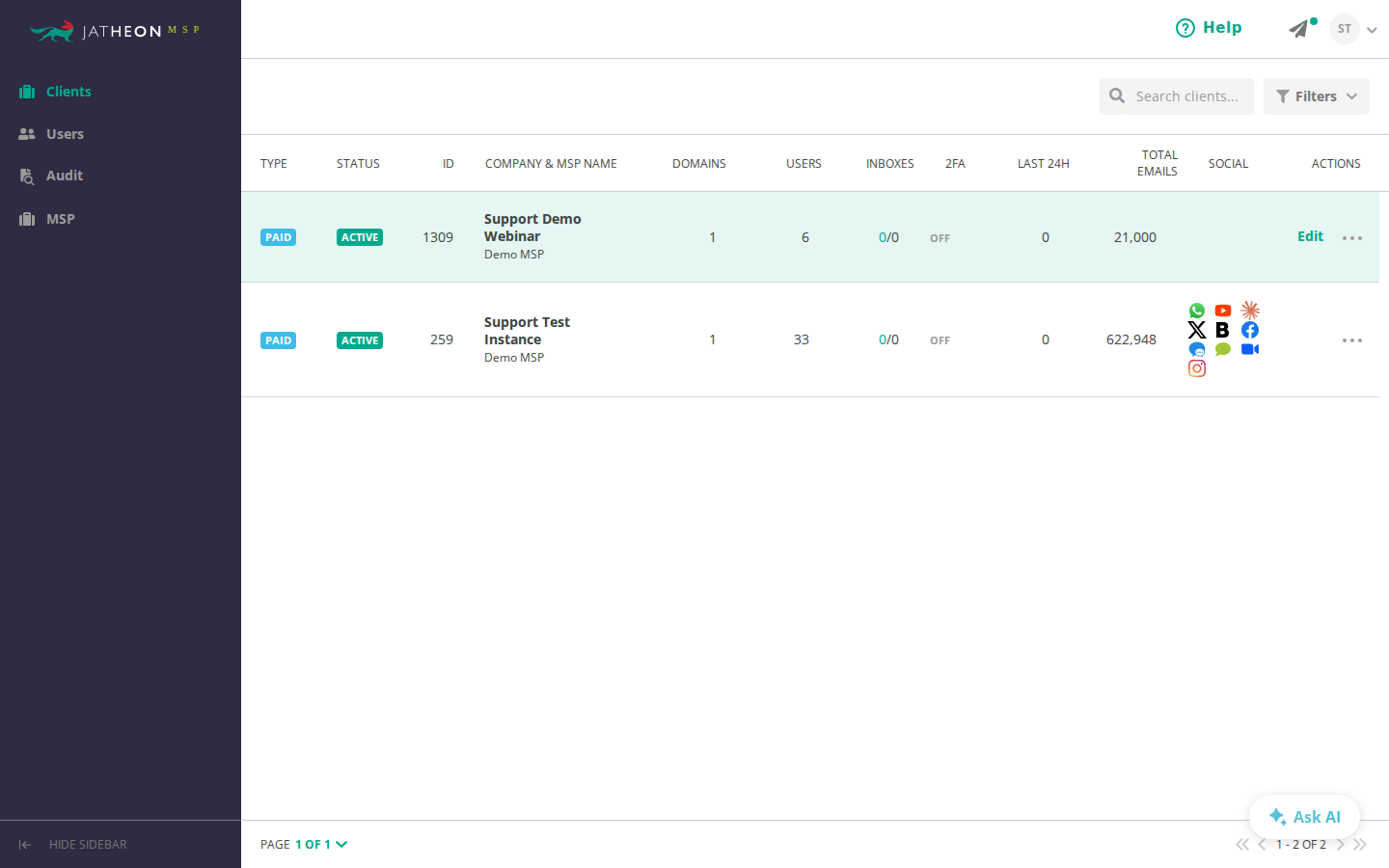 Clients section