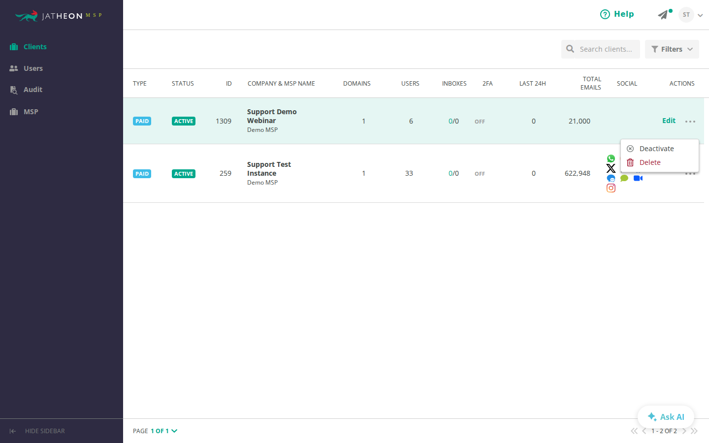 More menu with Deactivate and Delete