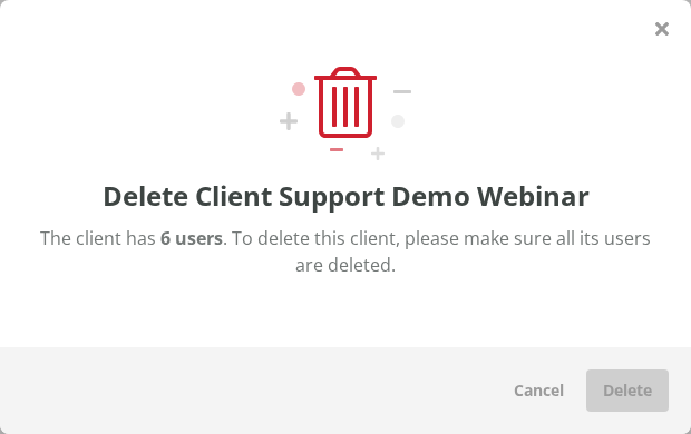 Delete Client window for a client with users